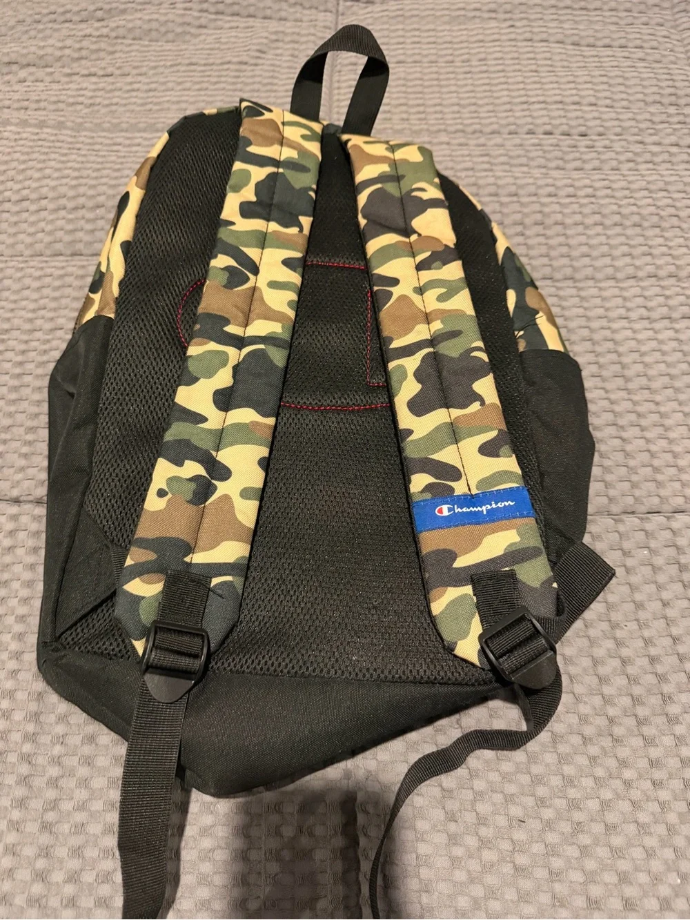 Champion “Manuscript” Camo Backpack Black Green Tan Camouflage.